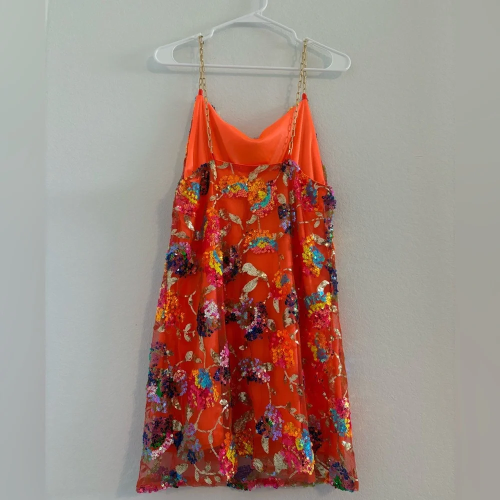 Sequin Mini Dress Backless Low-Cut Floral Sparkly Multicolor Orange Birthday - Picture 6 of 8